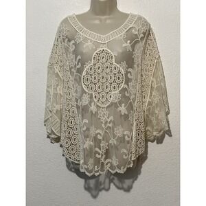 Sheer Mesh Crochet IvoryTop Kimono Sz OS Cottage Boho Fairy Festival Shabby Chic